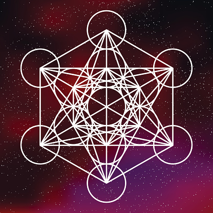 A sacred geometric icon on a background of stars and space. Sacred geometry is the belief that certain shapes prove that God created the universe according to a geometric plan. Download includes an RGB AI10 vector EPS file as well as a high resolution JPEG (3,000 pixels in size).